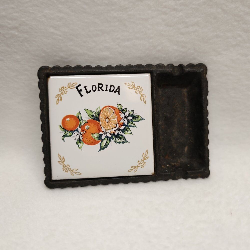 Vintage Florida Cast Iron Trivet Ceramic Tile Orange Souvenir Taiwan Decor Home